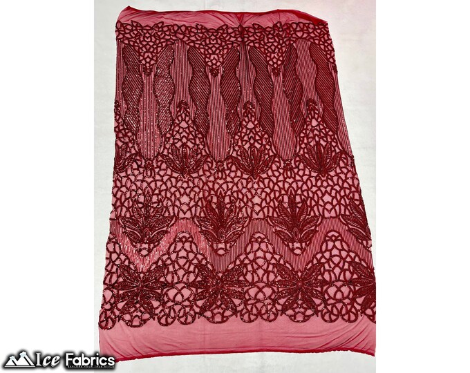 Burgundy 4 Way Stretch Sequin fabric by the yard | Embroidery Lace Fabric On Mesh Spandex Sequin Fabric