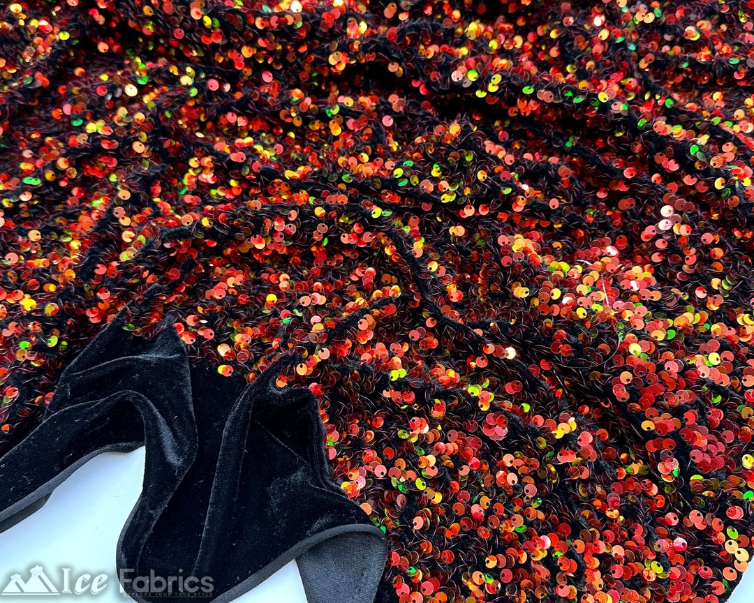 Iridescent sequin Stars On Black Stretch Velvet Fabric Sold By The Yard. Silver main image 0