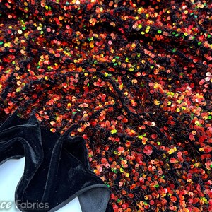 Luxury Stretch Velvet Sequin Fabric Iridescent Orange on Black Velvet By The Yard | Full All Over Sequin ( 5mm) on stretch Velvet Fabric
