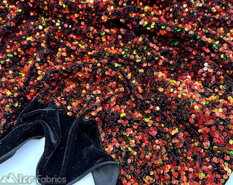 Luxury Stretch Velvet Sequin Fabric Iridescent Orange on Black Velvet By The Yard | Full All Over Sequin ( 5mm) on stretch Velvet Fabric