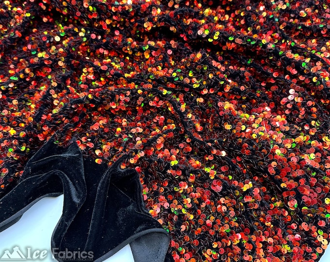 Luxury Stretch Velvet Sequin Fabric Iridescent Orange on Black Velvet By The Yard | Full All Over Sequin ( 5mm) on stretch Velvet Fabric