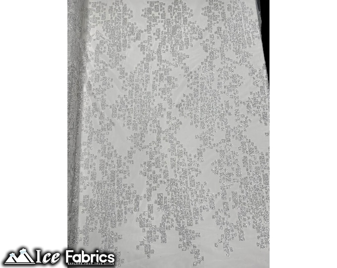 Scarlett Embroidered Beaded Fabric By The Yard | Hand beading Sequin Lace on Mesh | White