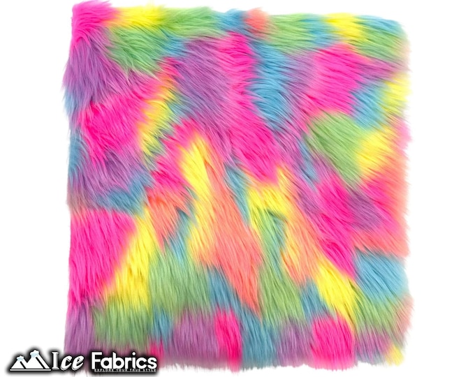 Pastel Rainbow Long pile Square Faux Fur Fabric | sold by Square Pre Cut | for Clothing, Pillows, decoration