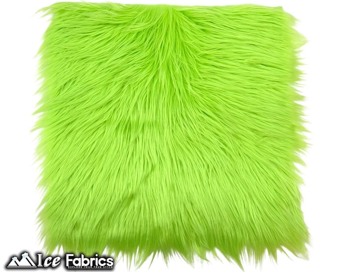 Lime Green Long pile Square Faux Fur Fabric | sold by Square Pre Cut | for Clothing, Pillows, decoration