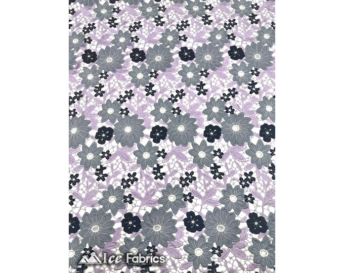 Grey Lilac Floral Guipure Lace Fabric By The Yard | Bridal Veil Gowns Fabric | Scallop Embroidered Fabric