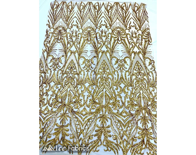 New Embroidery Gold Sequin Fabric By The Yard | 4 Way Stretch Mesh Fabric Spandex Geometric Fabric | for Prom Dress