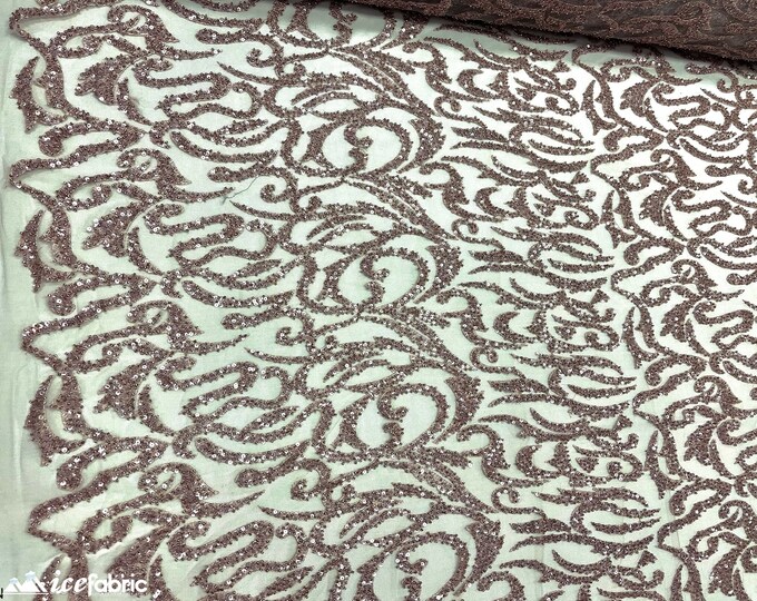 Jasmine Beaded Fabric By The Yard _ Geometric Embroidery Lace Fabric with Sequin Dusty Rose