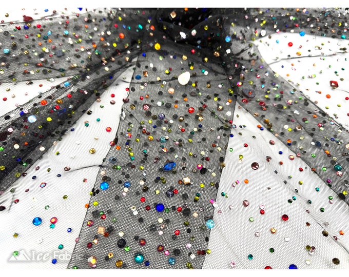 Multi-Color Rhinestones Beaded Fabric On Black Mesh Fabric By The Yard | Handmade Embroidery Beads Lace Fabric | Dancer's Custom Fabric