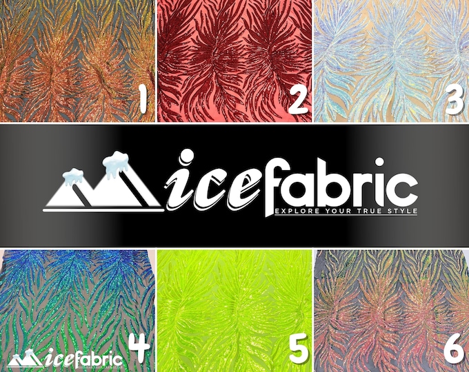 Feather Embroidery Sequin Fabric By the Yard | 4 Way Stretch Fabric | Spandex Mesh with Iridescent Sequin | Feather Design Embroidery