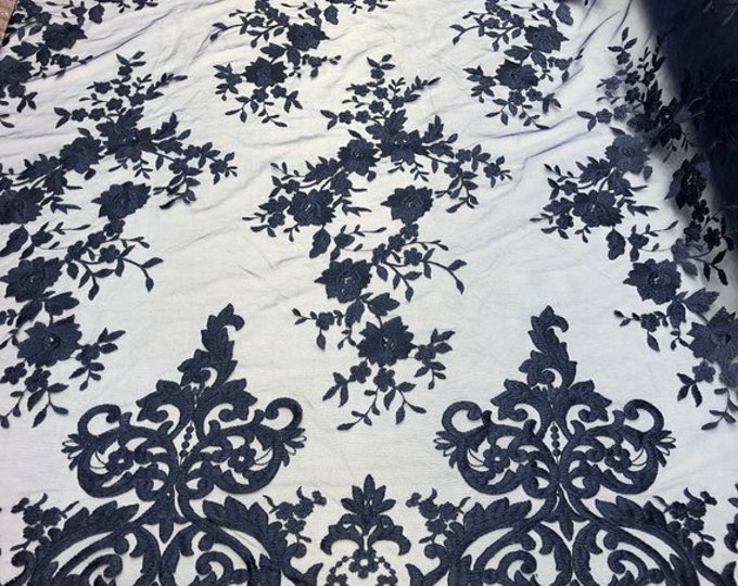 Navy Blue Floral Flower Mesh Lace Embroidery Design Fabric By The Yard For Tablecloths, Wedding Prom Dresses, Night gowns, Skirts, Runners