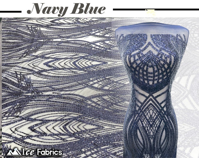 Peacock Navy Blue 4 Way Stretch Sequins Fabric  By The Yard Navy Blue Mesh nylon Spandex Fabric | With Embroidery Sequin Lace