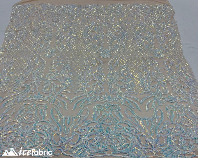 Mia Geometric Sequin Fabric By The Yard | 4 Way Stretch Fabric | Sequin Geometric Embroidery Fabric | Iridescent Baby Blue on Nude Mesh