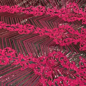 Damast Roze- Geborduurde Stof- 4 Way Stretch SEQUIN STOF op maat gesneden _ Spandex Stof- Mesh Pailletten Fabric_ Kant Stof