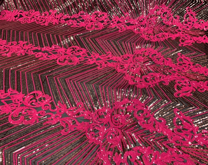 Damask Pink- Embroidered Fabric- 4 Way Stretch SEQUIN FABRIC  By The Yard _ Spandex Fabric- Mesh Sequin Fabric_ Lace Fabric