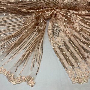 Peach_Corded 3D Blumen/Floral Mesh Spitze Stoff mit geometrischen Gold Pailletten Bulk Stock / / Stickerei Spitze Mesh Kleider, Kleider, Röcke