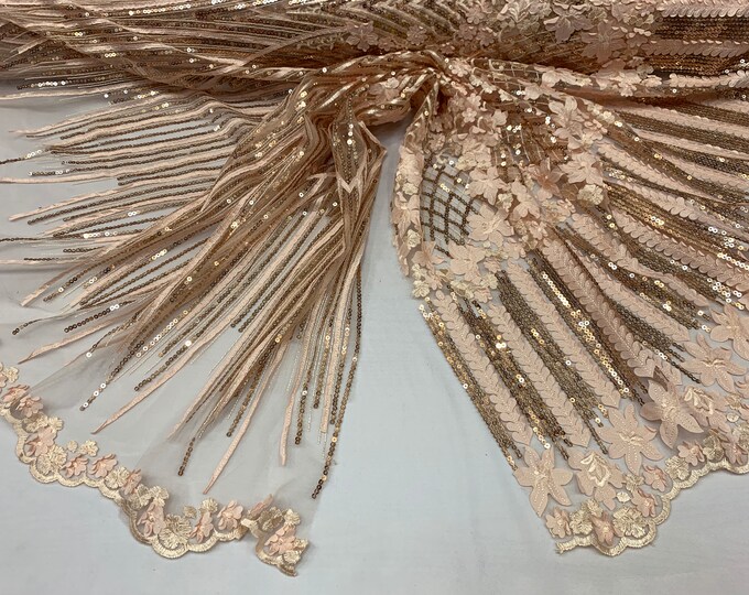 Peach_Corded 3D Flowers/Floral Mesh Lace Fabric With Geometric Gold Sequins By The Yard// Embroidery Lace Mesh Dresses, Gowns, Skirts