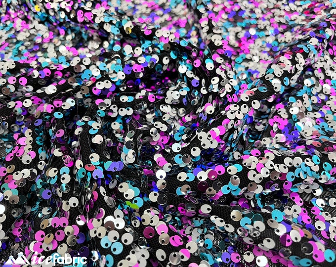 Luxury 3 Tone 4 Way Stretch Sequin Fabric By Yard| All Over Iridescent Blue Magenta Mini Sequin Embroidery on Black Mesh Lace Spandex Fabric