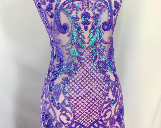 BY THE YARD/ Geometric Design Mesh Lace Fabric Sequins 4 Way Stretch On A Mesh/Iridescent Embroider (Purple,Green) Prom/Gowns Dress