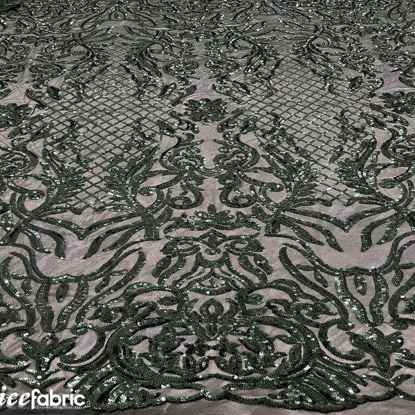 Sequin Flame Design On A 4 Way Stretch Mesh Fabric by The Yard (1 Yard, Hunter Green/Matte Gold)