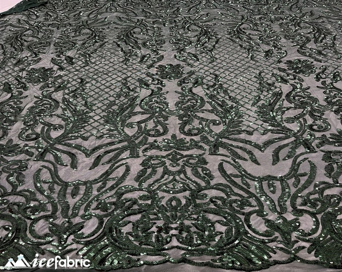 Mia Geometric Sequin Fabric By The Yard | 4 Way Stretch Fabric | Sequin Geometric Embroidery Fabric | Hunter Green