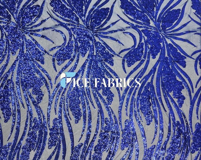 Elegant Feather Royal Blue Sequin Fabric By The Yard Stretch Mesh Spandex Fabric Sequin Mesh Fabric Wedding Dress, Prom Dress