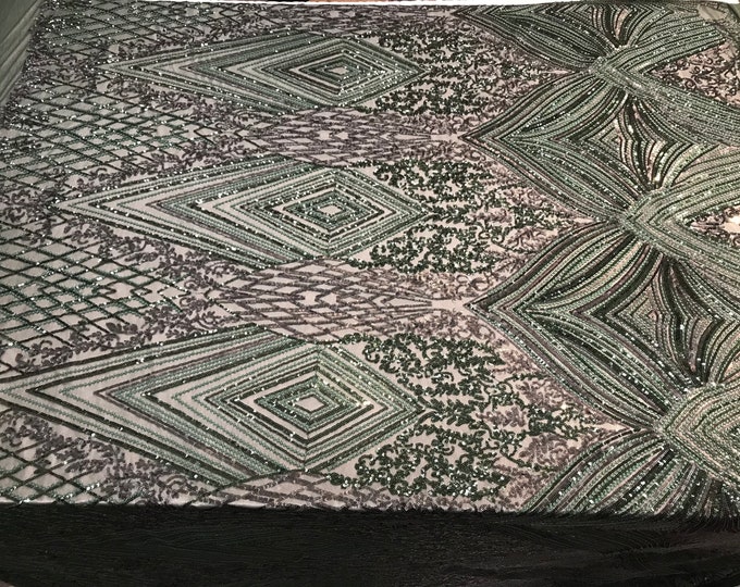 Hunter Green Stretch Sequin Fabric By The Yard/ Embroidered Fabric/ Sequin Lace Fabric/ 4 Way Stretch Mesh Fabric/ Spandex Fabric