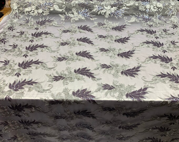 FAST SHIPPING/ Mesh Lace Fabric Sold By The Yard Floral/Flowers Sequins Stretch Embroidered Handmade Lace/Tablecloths/Top Dress(Silver,Gray)