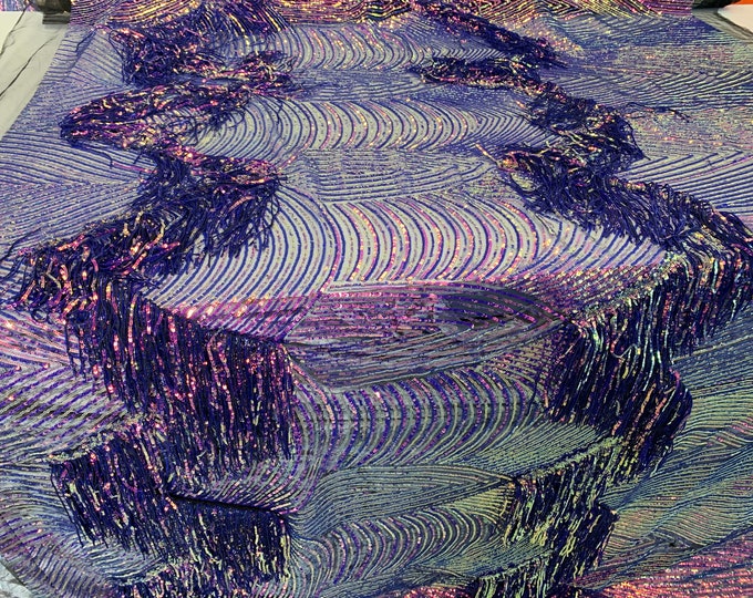 Dangle Design/Purple Iridescent / Embroidered Sequins Fabric By The Yard/ Sequins Dangle ON Stretch Tulle Mesh/ For Night Gowns/ Dresses/