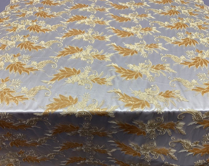 FAST SHIPPING/ Mesh Lace Fabric Sold By The Yard Floral/Flowers Sequins Stretch Embroidered Handmade Lace/Tablecloths/ Dress(Gold/Champagne)