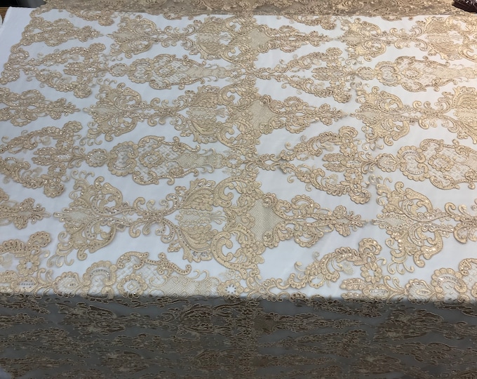 Light Gold Design Embroidered Mesh Lace Fabric By the Yard For Wedding/Prom Dresses/ Decorations/ Tablecloths/ Runners /Skirts/ Night Gowns