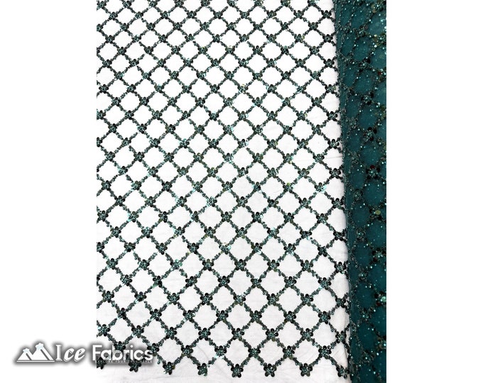 Hunter Green Geometric Embroidery Sequin Beaded Fabric  By The Yard | Handmade Embroidered Lace Sequin Fabric on Mesh Fabric