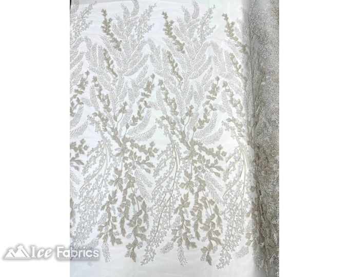 Ivory Floral Embroidery Beaded Sequin Fabric By The Yard | Handmade Beaded Fabric | French Lace Fabric on Mesh