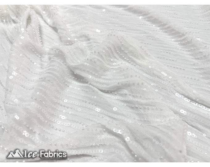 White Stripe Sequin Fabric By The Yard | Embroidery Stretch sequin beaded fabric with Mesh Spandex