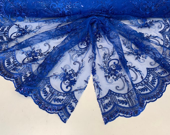 Royal Blue_Metallic Flowers Sequins On A Mesh Lace Fabric// Lace By The Yard//Floral Embroider Lace Tablecloths,Costumes,Decorations,Runners