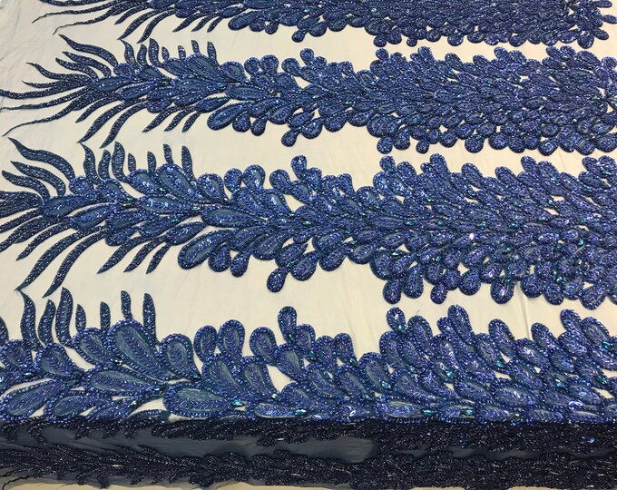 Royal Blue _ Feathers Peacock 3D Beaded Embroidery Mesh Lace Fabric (Sold By One Panel) Prom Dress, Wedding Dress, Night Gowns.