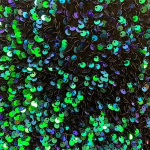 Beverly Design (Green) iridescent Hologram Sequins ON A Black Stretch Velvet Fabric By The Yard// 2 Way Stretch Velvet Sequins Lace.