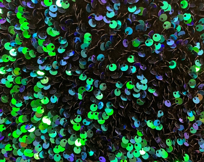 Beverly Design (Green) iridescent Hologram Sequins ON A Black Stretch Velvet Fabric By The Yard// 2 Way Stretch Velvet Sequins Lace.