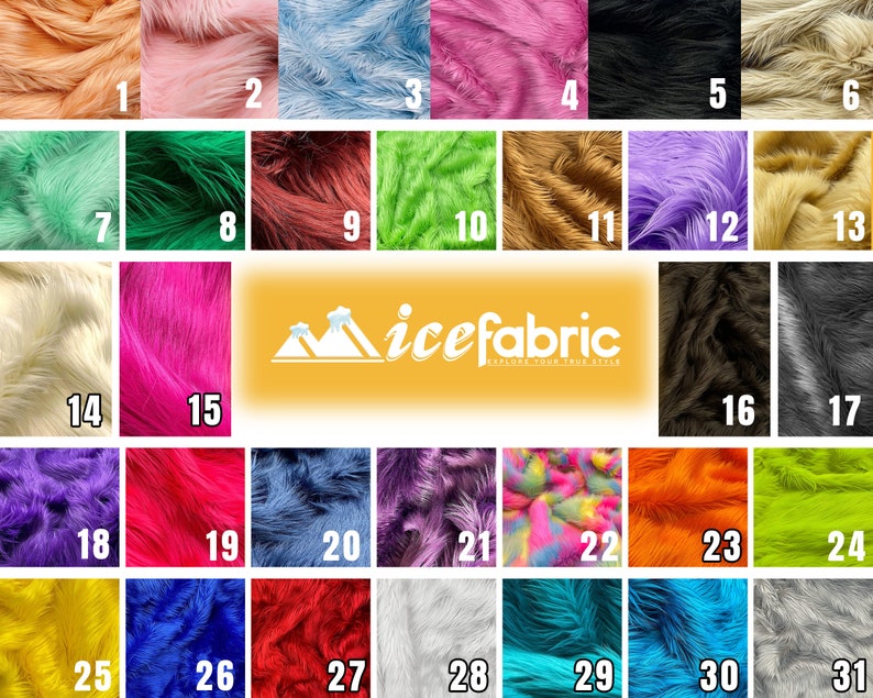 Op de afbeelding: Een collectie van eenendertig stalen imitatiebontstof in verschillende effen kleuren en &eacute;&eacute;n meerkleurig patroon, elk genummerd. Het midden bevat een geel rechthoekig logo met de tekst icefabric en een icoon van een berg.
