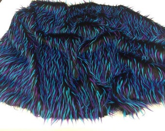 Faux Fake Fur 3 Tone Spiked Shaggy Long Pile Fabric / Black Turquoise Purple / Sold by The YardBlankets, Fur Clothing, Fur Coats,boots