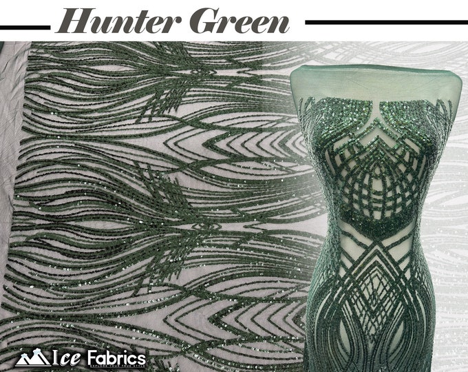 Peacock Hunter Green 4 Way Stretch Sequins Fabric  By The Yard Green Mesh nylon Spandex Fabric | With Embroidery Sequin Lace Fabric