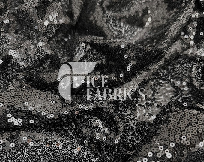 Black All-Over Mesh Sequins Fabric by The Yard - 48" Wide Shiny 3mm Mini Sequin Fabric on Mesh for Apparel and Decor - Ice Fabrics