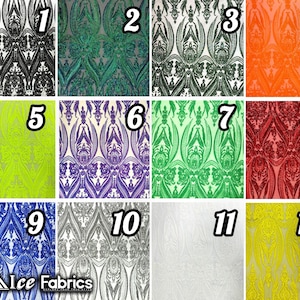 May include: Twelve different colors of sequined fabric with a damask pattern. The fabric is available in black, teal, white, orange, neon green, purple, green, red, blue, silver, white, and yellow.