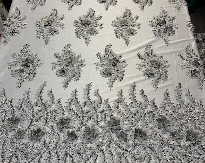New 3D Beaded Flowers Hand Embroidered Floral Mesh Lace With Sequins By The Yard(Silver/Gray)For Prom Dresses/Tablecloths/Runners/Night Gown