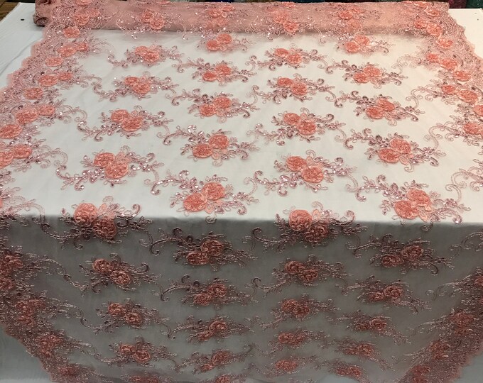 Peach Embroidered mesh lace Flower Design with sequins by the yard. Floral wedding prom dress, tablecloths, runners, skirts,customs, decor