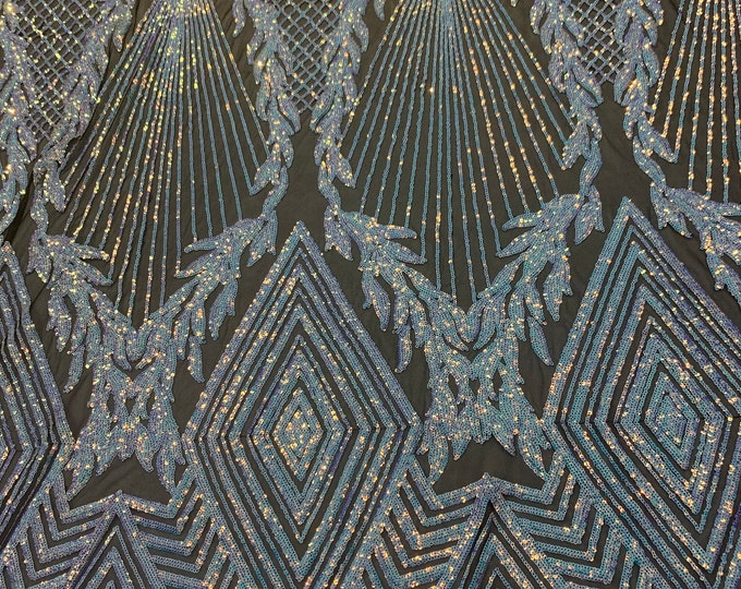 New Sequin Fabric - Baby Blue Iridescent Fabric - 4 Way Stretch Sequin Lace Fabric- Black Mesh Nylon Spandex Fabric By The Yard