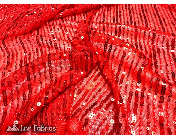 Red Stripe Sequin Fabric By The Yard | Embroidery Stretch sequin beaded fabric with Mesh Spandex