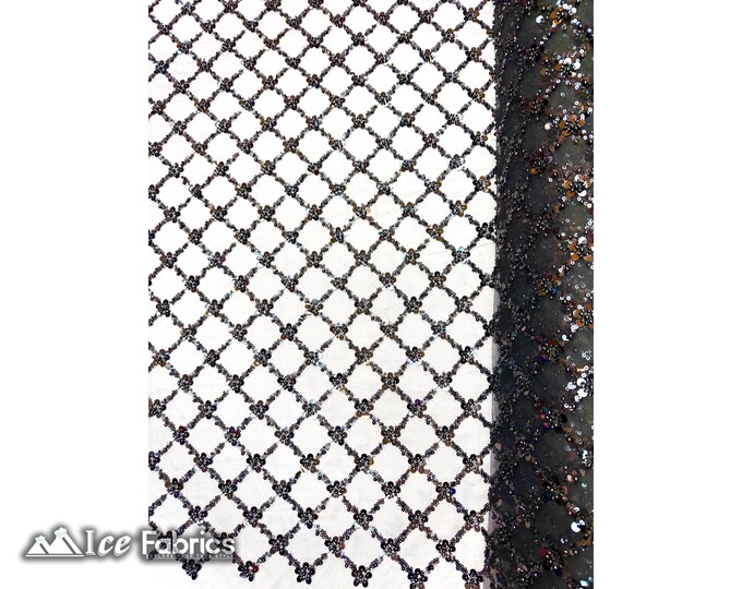 Black Geometric Embroidery Sequin Beaded Fabric  By The Yard | Handmade Embroidered Lace Sequin Fabric on Mesh Fabric