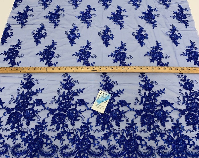 Bridal Fabric//Royal Blue// Mesh Lace Floral/Flowers Fabric Sold By The Yard// Embroidered French Sequins Lace// Prom Fabric, Dresses, Gowns