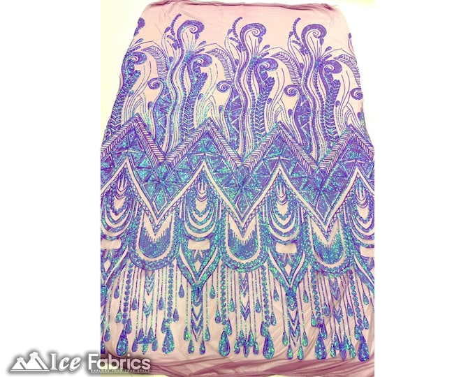 African Iridescent Purple 4 Way Stretch Sequin Fabric By The Yard | Mesh Sequin Fabric | Embroidered Lace Fabric