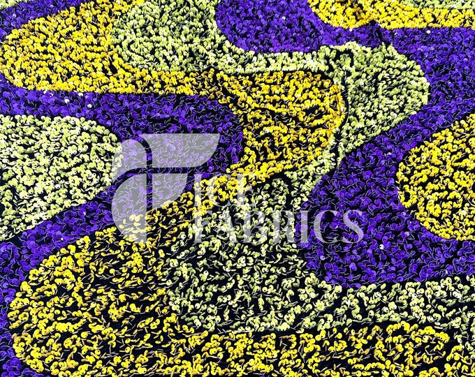 Wavy Sequin Stretch Velvet Fabric by The Yard - 60" Wide Purple Yellow on Black Velvet for Apparel, Costume, Decor